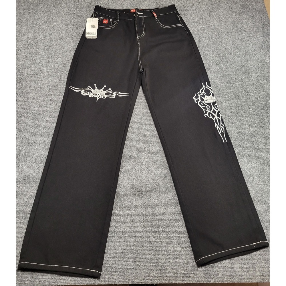 Vintage Y2k Tribal JNCO Jeans Mens Medium Embroidered Tribal Design Black/Silver - Picture 1 of 16